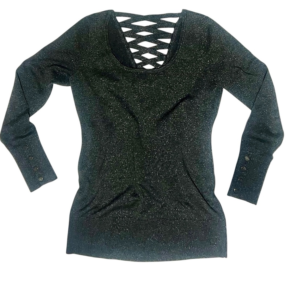Cache Charcoal Grey Sweater Silver Shimmer Size Medium Scoop Neck Strappy Back
